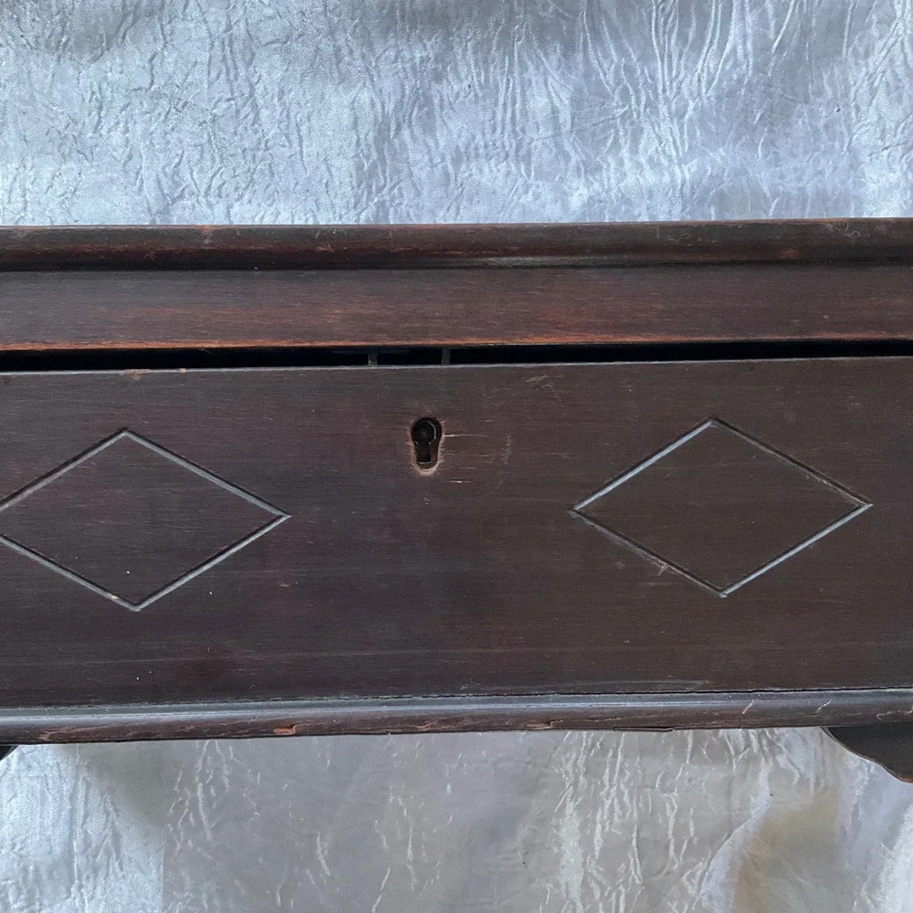 Antique 19thC Folk Art Wooden Box Carved Diamond Damask Silk Lined Jewelry Chest